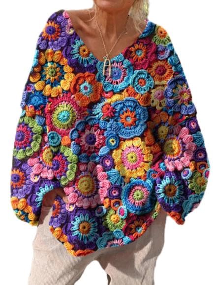 Womens Boho Print V-Neck Sweater Oversized Long Sleeve Knit Top Fall Winter Casual Loose Pullover for Women