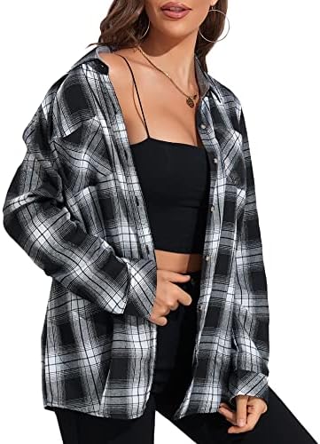 Deer Lady Plaid Flannel Shirts for Women Buffalo Plaid Shirts Oversized Long Sleeve Casual...