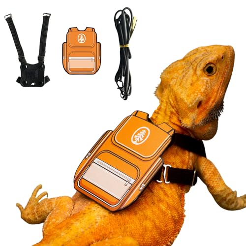 Bearded Dragon Harness Leash Soft Leather Harness with Backpack Patch Adjustable Strap Outside Walk Training Leash for Reptile Lizard Amphibians (Orange)