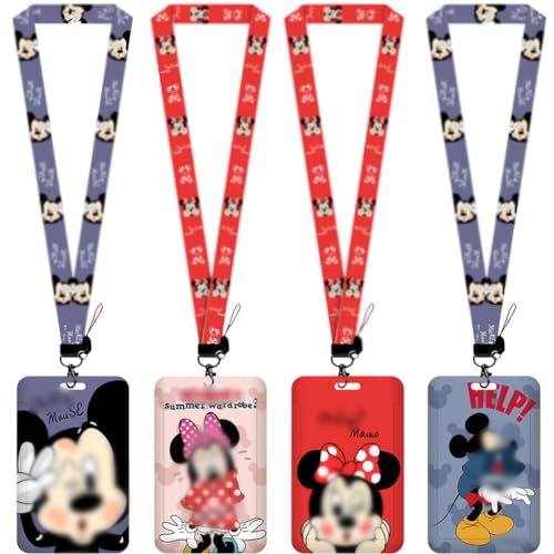 Babioms 4pcs Lanyard con Soporte para Tarjetas, Cordón para el Cuello de Cartoon Mouse, para Llaves, Tarjetas de Identificación, Oficina