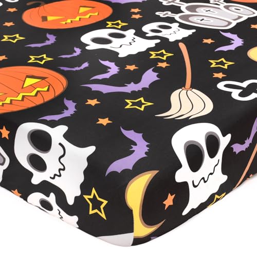 Image of Halloween Crib Sheets, Fitted Crib Sheet with Ghosts, Skulls, Bats, Crosses, Tombstones, and Pumpkins, Measuring 52'' x 28'' to fit Standard Crib & Toddler Mattresses, Black