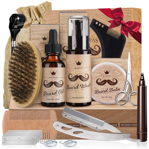 Bartpflege Set für Männer, Bledras 13 in 1 Bartpflege Geschenkset mit Bartshampoo, Bartöl, Bart Balsam, Bart Kamm, Bartbürste, Bartschere, Bartschablonen, Bart Set Geschenk für Männer