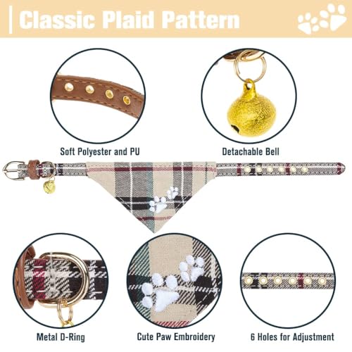 EXPAWLORER Klassisches Kariertes Hundehalsband mit Fliege und Pfotenabdruck, mit niedlicher Glocke, kein Verheddern, verstellbare Leine, Braun, Größe XS