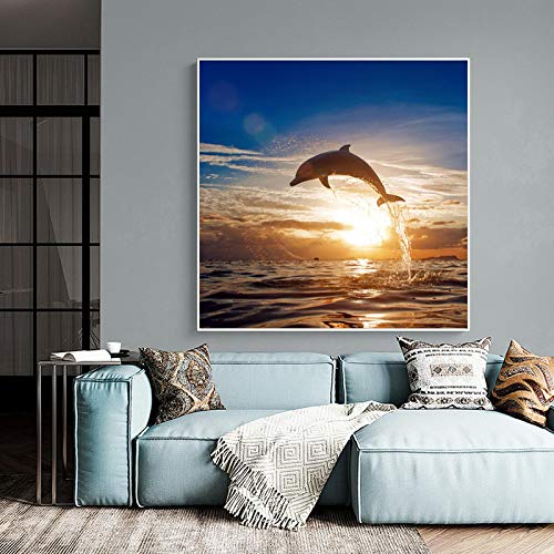 Toile dauphin sautant au coucher de soleil pour deco murale 30x30 cm