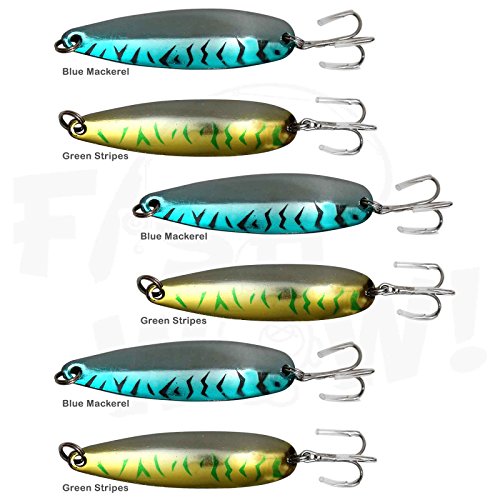 6pcs Set 2oz 6inch Fishing Spoons with a Treble Hook Blue Mackerel & Green Mackerel - Fish WOW!