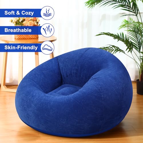 Image of Realspring 9 Pcs Inflatable Bean Bag Chair, Air Pump,Dark Blue | Electric Pump for Inflation, Foldable Blow up Chairs for Outdoor Movie Seating, Portable Sofa for Adults Camping