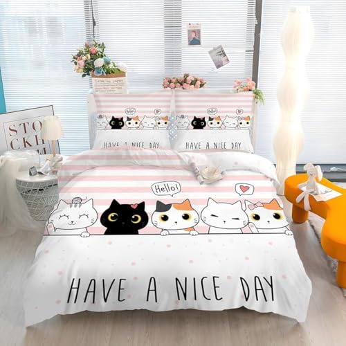 Linfye Housse de Couette 200x200 Adulte Chat Rose Parure de Lit 2 Personnes Microfibre Housse de Couette avec Fermeture éclair + 2 Taie d'oreiller 65x65cm