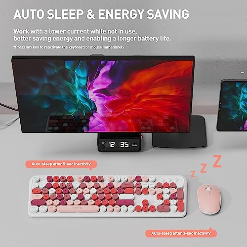Image of Pink Wireless Keyboard and Mouse Combo, Aesthetic Retro Typewriter Style Round Key Keyboard, 2.4Ghz Wireless Cute Colorful Full Size Keyboard with Number Pad for Long Nails PC Laptop Desktop