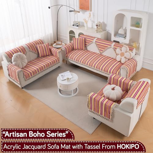 Image of HOKIPO 'Artisan Boho Series' Sofa Backrest Cover with Tassel | 450 GSM Thick Cotton Acrylic Jacquard Fabric Backrest Mat, Size 55x80 cm, Ruby Red (IN-900-A6)