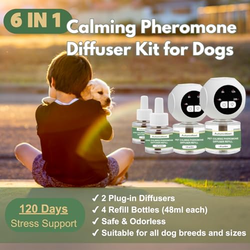 Image of Dog Calming Pheromone Diffuser Kit with Timer - 2 Plug-Ins + 4 Refills - Smart 4-Level Timing Calming Aid - Stress Relief for Dogs - Help with Anxiety, Barking, Fighting, Thunder, Travel, Vet Visits