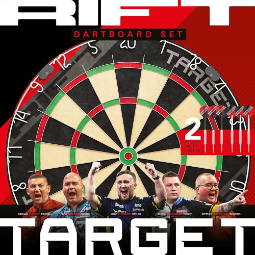 Target Darts Rift Dartboard Set | Stahlspitzen-Dartscheibe | Klammerloser Draht | Enthält Zwei Sätze 17G-Darts | Komplettes Starter-Set | Enthält 1 Monat DartCounter-App