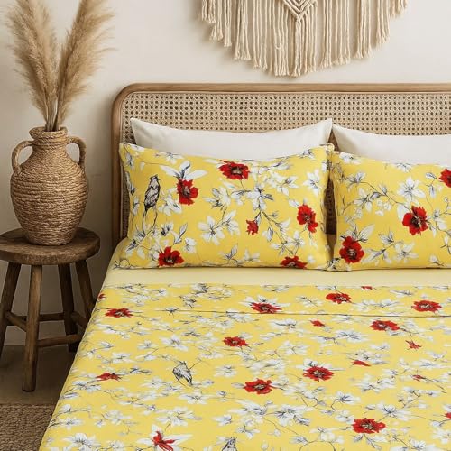 DaDa Bedding Lovely Yellow Floral Fitted and Flat Bed Sheets - Radiant Sunshine Hummingbirds Multi-Colorful Red Flowers - Bright Vibrant w/Pillow Cases Set - Queen Size - 4-Pieces