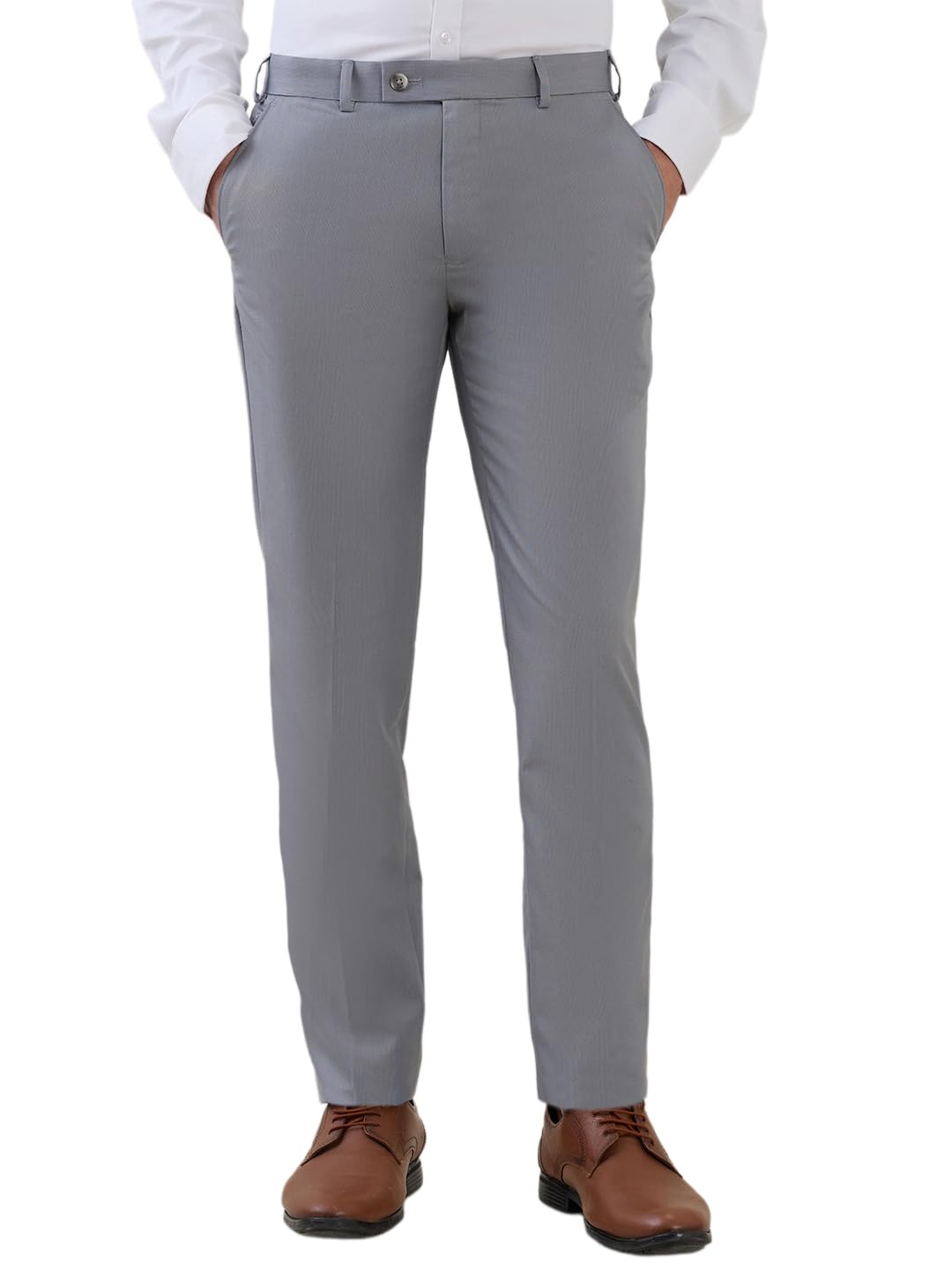 park avenue Men Super Slim Fit Structure Pattern Poly Viscose Blend Flat Front Formal Trouser Grey-picture-13