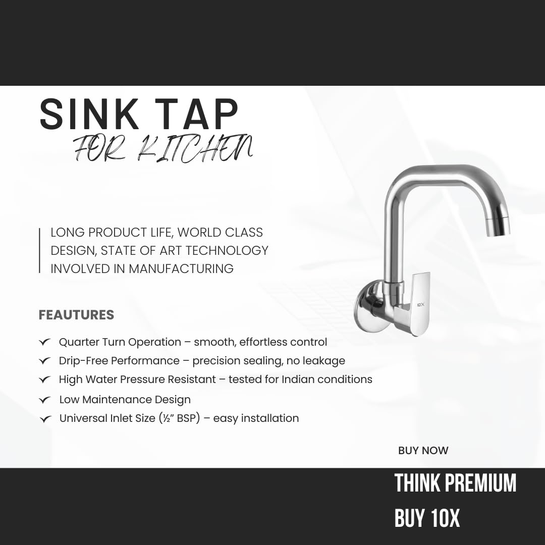 10X Brass Kitchen Sink Tap - Chrome Finish -2
