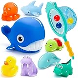 KDISHKRA Badespielzeug Baby ab 1 2 3 4 Jahr, 13 Stück Badewannenspielzeug Pool Schwimmbad Spielzeug, Wasserspielzeug Kinder, Geschenke für Kleinkind Jungen Mädchen (Fischernetz Ozeanbälle Tiere)
