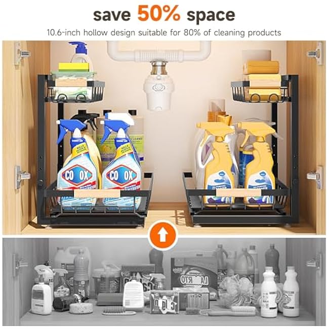 2 Pack High Adjustable Under Sink Organizer & 2 Pack Stackable Trash Bag Holder with Bamboo Top for Kitchen Organization