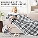 PTQ Electric Heated Blanket Wearable Throw with Foot Pocket & Front Pouch – 6 Heat Settings, 4H Auto-Off, Reversible Flannel & Sherpa, Oversized 52
