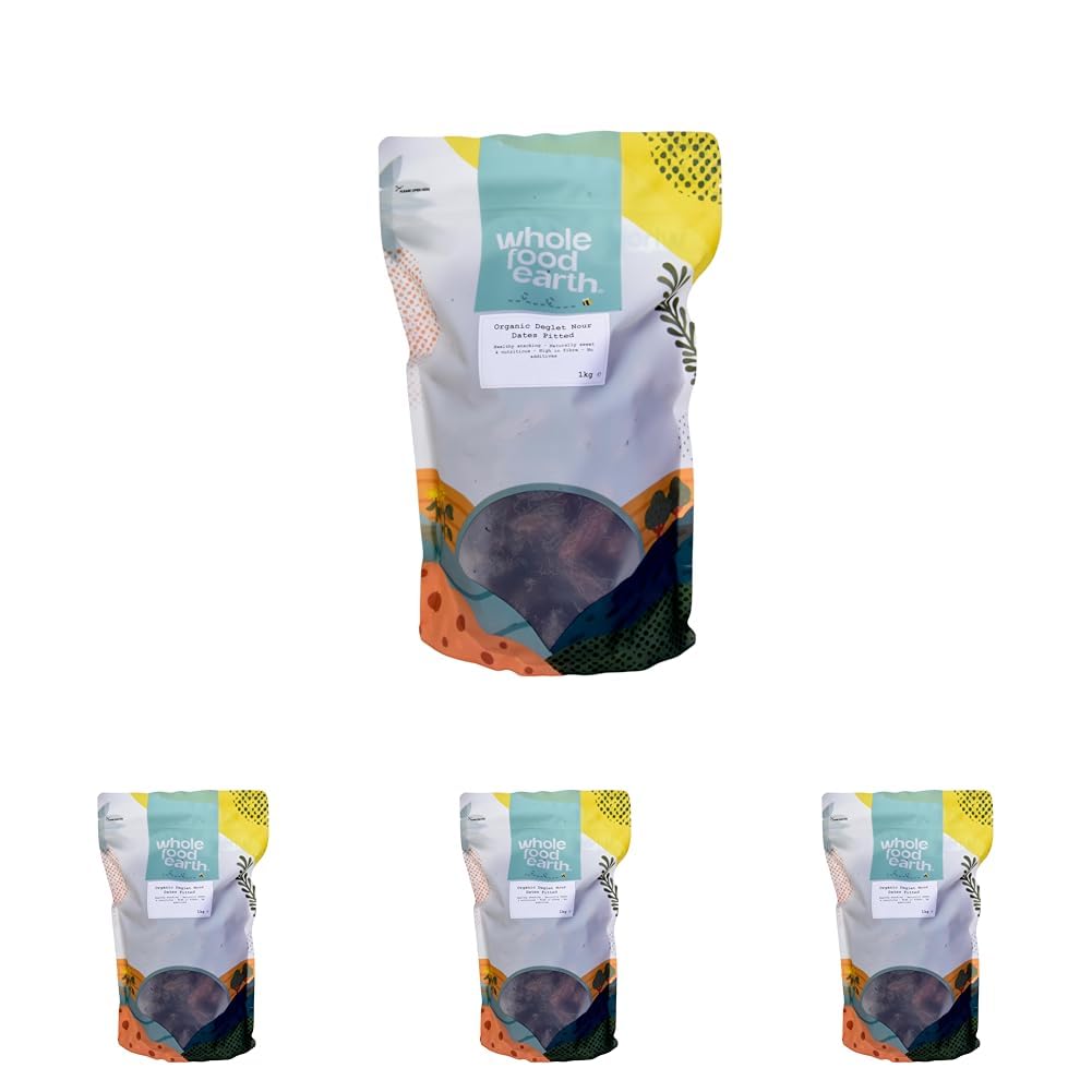 Wholefood Earth Bio-Getrocknete Deglet Nour Datteln (entsteint) 1 kg | GVO-frei | Roh | Vegan | Ballaststoffreich | Zertifiziert biologisch (Packung mit 4)