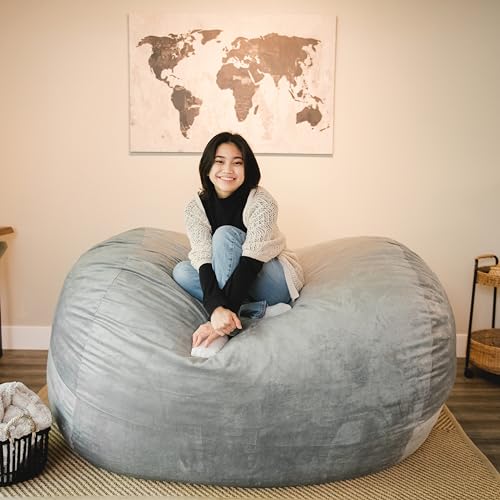 Image of Big Joe Fuf 7Ft Giant Foam Bean Bag Chair, Oversized Couch with Removable Cover for Kids, Teens, Adults, Gray Plush, Soft Polyester, 7 Foot
