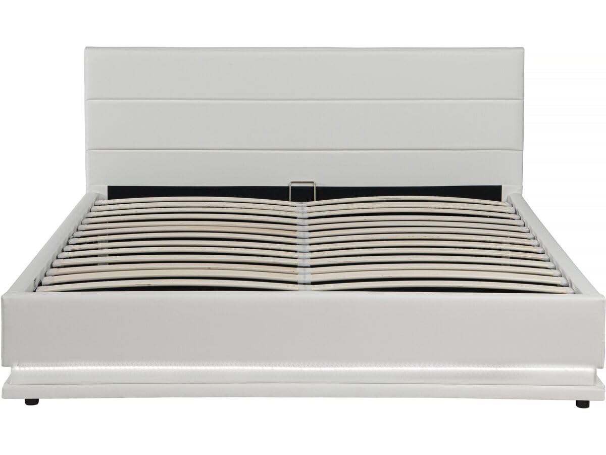 Habitat et Jardin - Lit Double LED Anastasia en Simili Blanc avec Coffre Rangements 160 x 200 cm | Cadre de Lit 2 Places Design | Sommier à Lattes et Tête de Lit Inclus