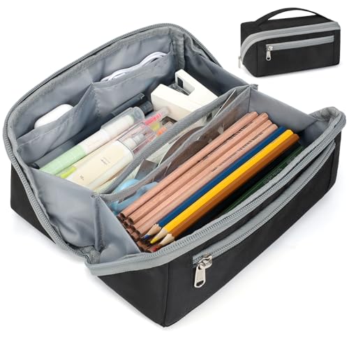 Image of Large Capacity Pencil Case - Pencil Pouch for Teen Boys, Aesthetic Pouch Organizer with 8 Compartments, Wide Opening Marker Bag for Middle High School College, Fits Calculator, Black | Wide Open 8 Compartments, Flexible Dividers & Side Pockets, Handle, 900D Fabric, College Supplies for Teens, Black & Grey