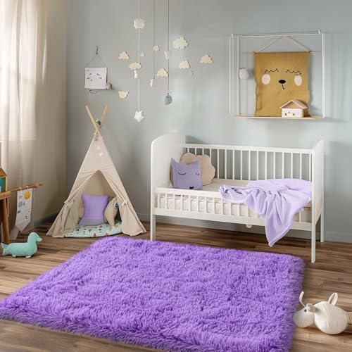 3x5 Rugs for Bedroom, Fluffy Area Rugs for Living Room, Soft Shag Kids Rug Small Carpet with 4 Non-Slip Rug Pads (Purple, 3ft x 5ft)