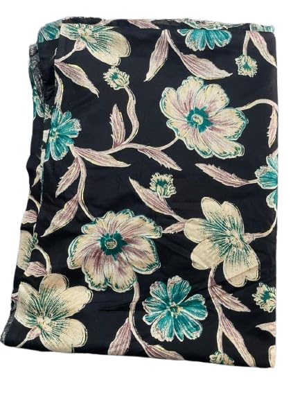Floral Print Rayon Fabric, Black with Turquoise and Beige Flowers, 1 Meter Blouse Material-image-36