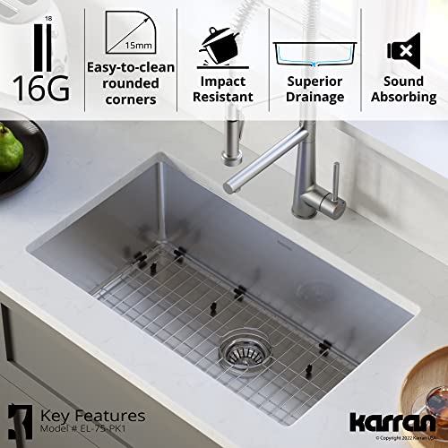 Karran El-75-Pk1 30" Undermount Large Single Bowl Stainless Steel Kitchen Sink Kit #TOP3