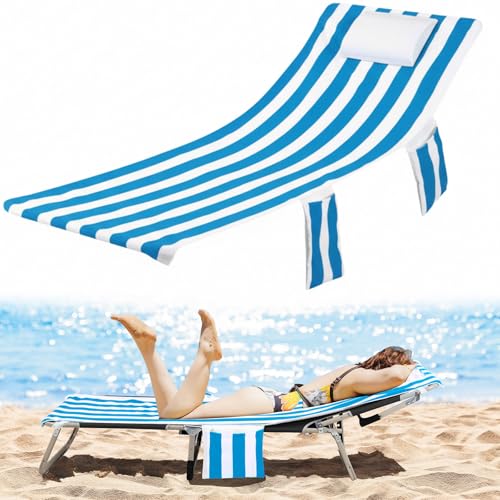 Mindsoft 1 Pcs Cover for Tanning Chair Lounge Chair Towel Cover Microfiber Chaise Lounge Towel with Face Hole and 3 Pocket for Sunbathing Outdoor Beach Pool Summer, 75.6 x 24.4 Inch (Light Blue)