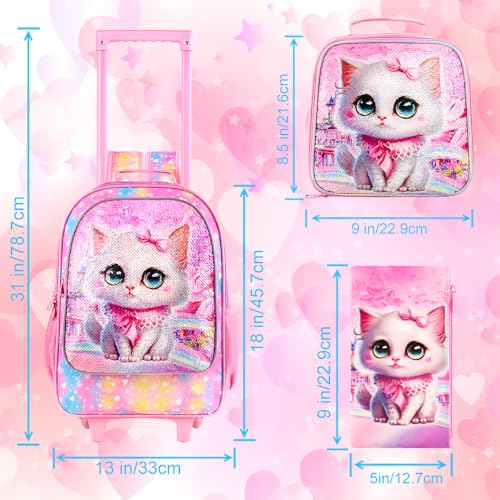 CCJPX 3PCS Rolling Backpack for Girls, Kids Cat Roller Wheels School Bookbag with Lunch Bag, Wheeled School Bag for Toddler Elementary Children3