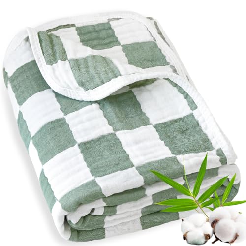 Image of BEILIMU Muslin Baby Blanket for Unisex, 70% Cotton and 30% Rayon 43Inch | Soft & Lightweight 6-Layer Checkerboard for Receiving Swaddling Crib Stroller & Nursery, Newborn to Toddler