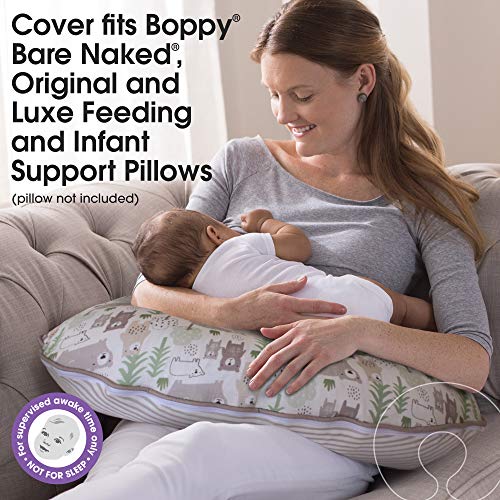 Boppy Nursing Pillow Cover –Organic Fabric | Taupe Bears Side And Tan Stripes Side With Piping | Organic Cotton Fabric | Fits Boppy Bare Naked,Original And Luxe Breastfeeding Pillow | Awake Time Only #TOP1