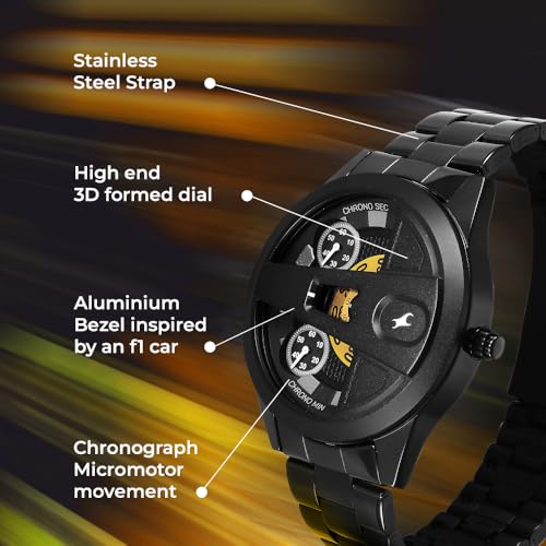 Image of Fastrack Overdrive Micromotor Quartz Analog with Black Dial Black Stainless Steel Metal Strap Watch for Men - 3331NM01