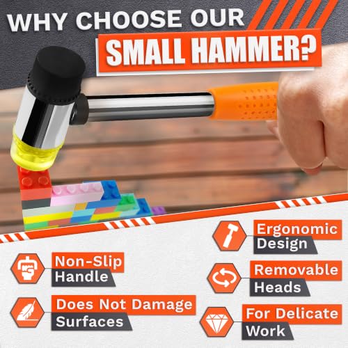 Image of Small Rubber Mallet Hammer, Orange 25mm Double-Faced Soft Face Mallet with Soft Rubber & Hard Plastic Heads, Non Marring Jewelry Hammer for Leather Craft, Tile, Furniture Repair, Hobby & DIY Projects