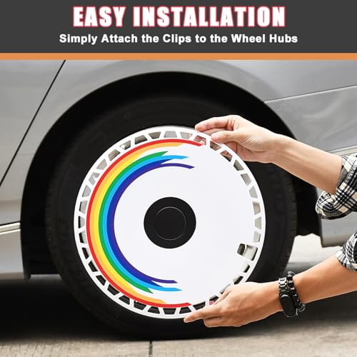 Image of White with Rainbow Hubcap Wheel Cover Replacement Kit 12 inch Hub Caps Wheel Rim Cover Snap-On Full Coverage Hubcaps Car Exterior Accessories Set of 4, 12 inches