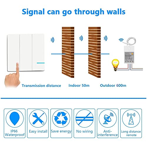 Wireless Light Switch, Thinkbee 3 Gang Remote Wall Switch With Mini Receiver Push Button Transmitter, Outdoor 1900Ft Indoor 160Ft, For House Office Hotel Factory Ceiling Lamp Led, Ip66 Waterproof #TOP3
