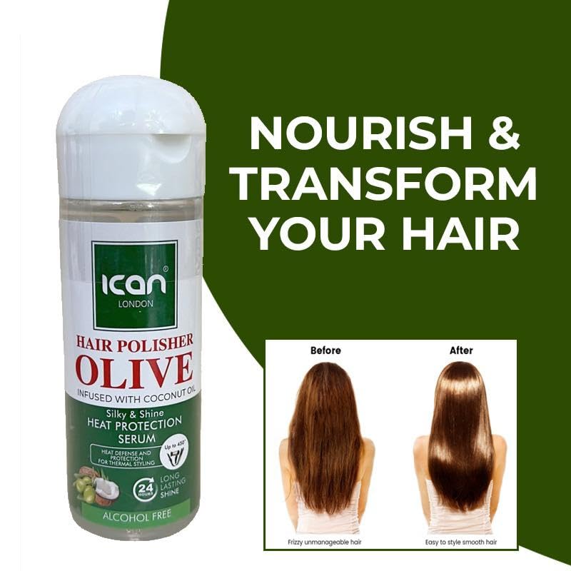 ican London Hair Polisher Olive Oil Infused With Coconut Oil Heat protection Serum Alcohol Free 207ml, 207 ml (Pack of 1) - Image 2