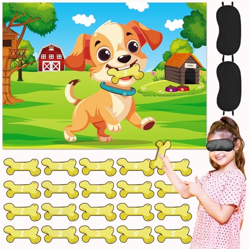 Pin The Bone on The Dog, Dog Stickers Party Games for Kids Boys Girls, with Posters, Reusable Stickers, and Eye Mask Accessories, Puppy Whelp Birthday Party Supplies