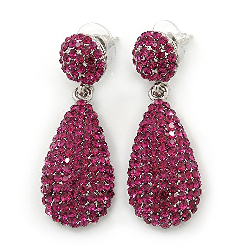 Bridal, Prom, Wedding Pave Fuchsia Austrian Crystal Teardrop Earrings In Rhodium Plating - 48mm Length