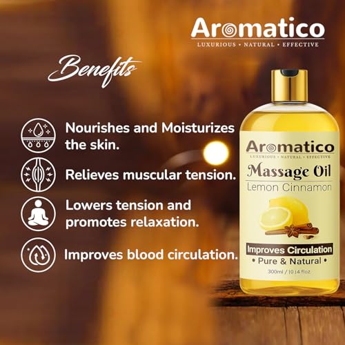 Image of AROMATICO Lemon Cinnamon Massage Oil. Romantic Oil for Passionate Evenings - 300ml. Intimate Full Body Massage Oil for Couples. Non-sticky, Made of Only Natural Ingredients
