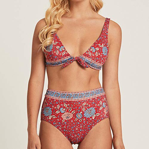 Biquíni floral com laço tipo push up, maiô de duas peças (vermelho/P)