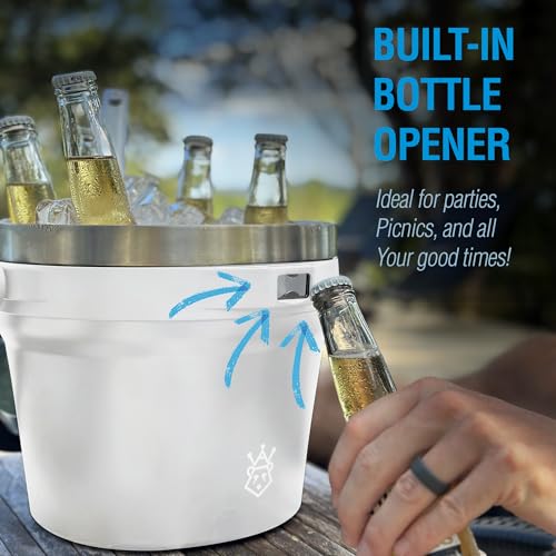 Large Ice Bucket for Parties, Double-Wall Vacuum Insulated Ice Bucket & Lid, Ice Scoop & Holder, Stainless Steel Champagne Bucket, Wine Chiller, Beverage Tub; Bottle Opener (White) - Image 3