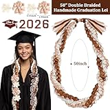 Lyrow Brown White 50'' 2026 Graduation Lei Double Braided Strands Graduation Ribbon Leis with 4 Satin Flowers Congrats Graduates Money Leis Class of 2026 Gift for Men Women