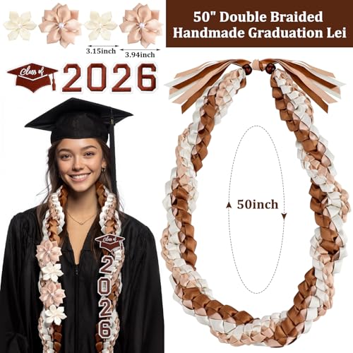 Lyrow Brown White 50'' 2026 Graduation Lei Double Braided Strands Graduation Ribbon Leis with 4 Satin Flowers Congrats Graduates Money Leis Class of 2026 Gift for Men Women