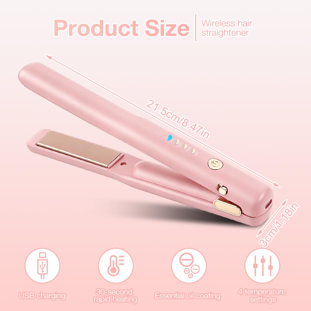 2 In 1 Mini Glätteisen Kabellos und Lockenstab, Hair Straightener, 4 Temperaturen, Wiederaufladbare Glätte, Mini Haarglätter für Langes, Kurze Haare, Glätten, Wellen, Locken Nach Innen (Rosa)