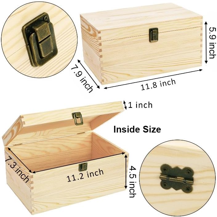 Miniatura 2 de yarlung Caja de madera sin terminar con tapa con bisagras, 12 x 8 x 6 pulgadas, caja grande de recuerdos para manualidades, caja de regalo sin