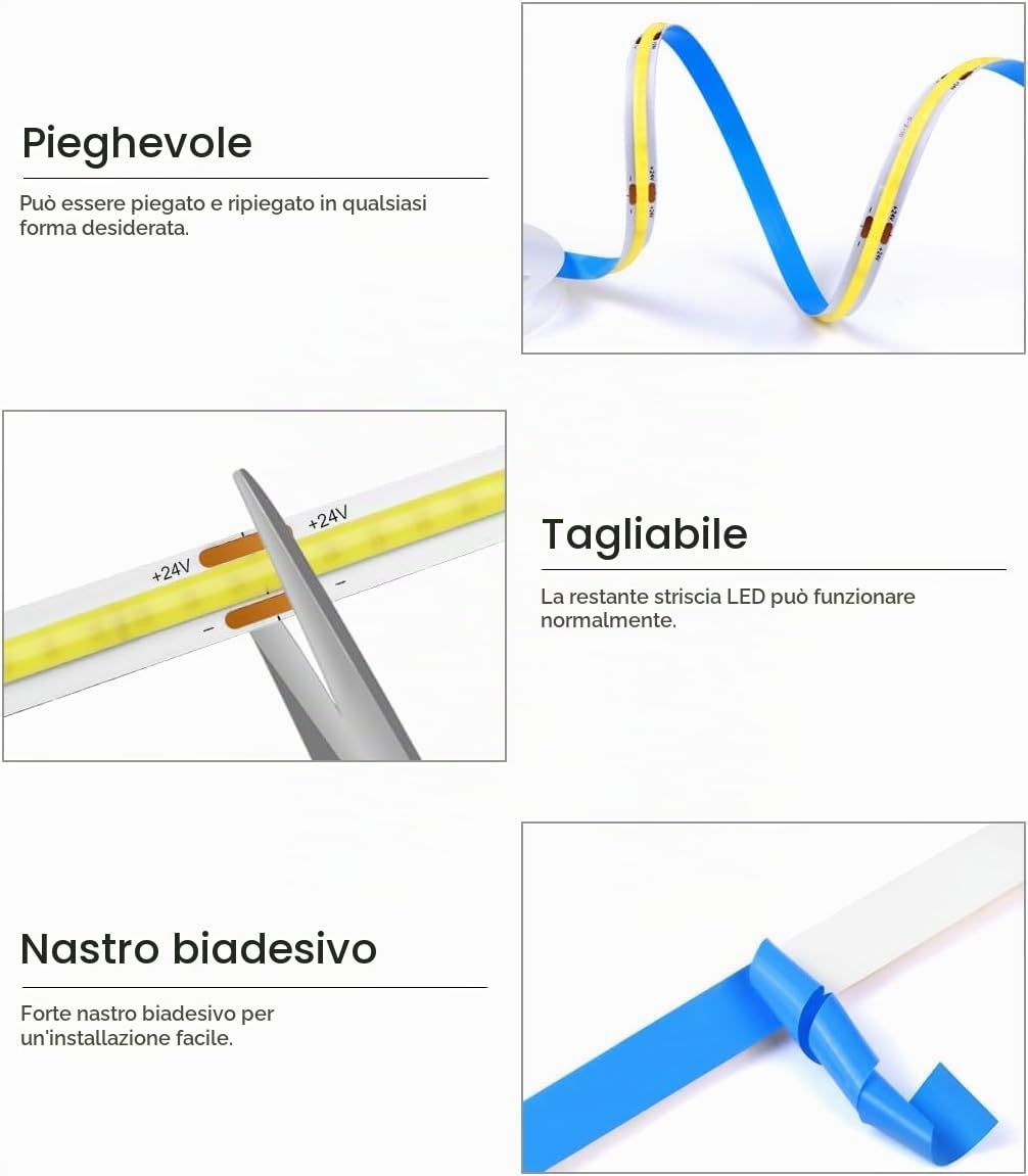Striscia LED con 2 sensori di movimento 5M, 24V 320 LED/M con spina Striscia LED con alimentatore Autoadesiva 3000K Bianco caldo Luce attivata dal movimento per armadi Scale Corridoio,4500k,10M