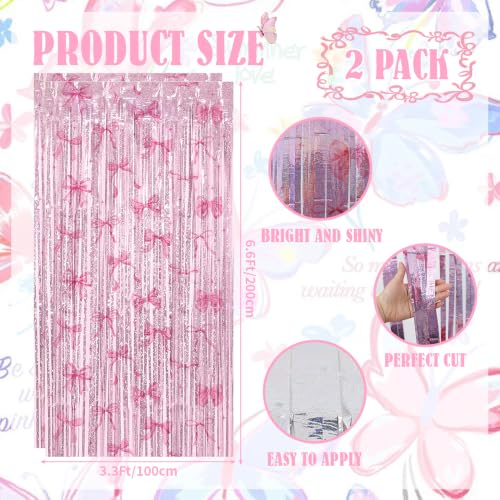 Image of TONIFUL 2Pcs Laser Pink Bow Metallic Tinsel Foil Fringe Curtain Streamers