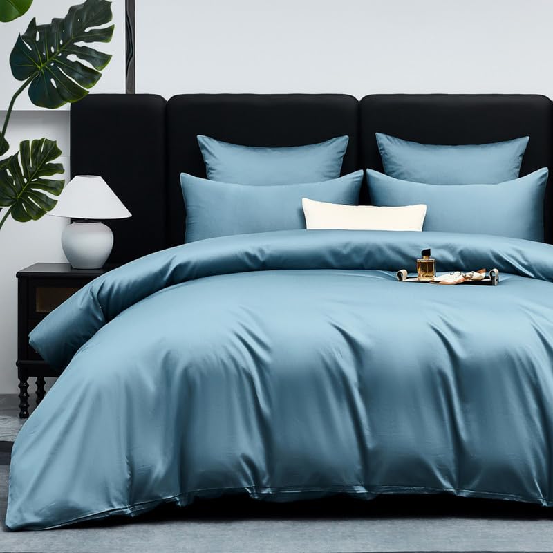 Gezu Mako Satin Bettwäsche 155x220cm Baumwollesatin Bettbezug Blau Petrol 3 Teilig Weich Atmungsaktiv Bettwäsche aus 100% Baumwolle Bettbezug 155x220cm und 2 Kissenbezug 80x80 mit Reißverschluss
