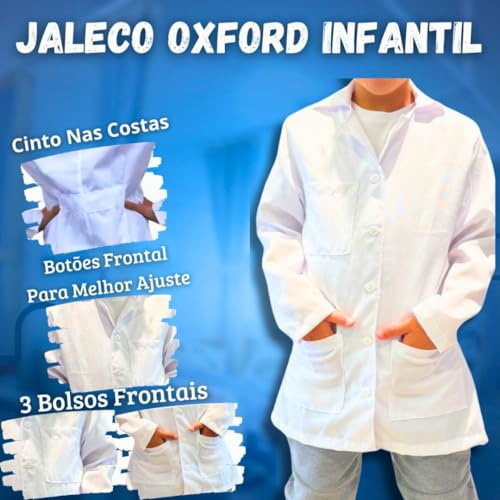 Avental Jaleco Infantil Manga Longa Oxford, 3 Bolsos (BR, Idade, 12 Anos, Regular, BRANCO)